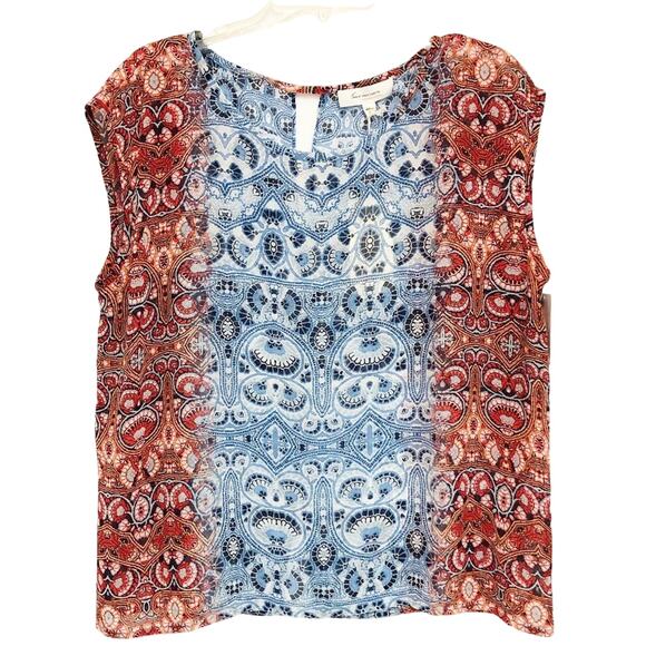 Two By Vince Camuto Sleeveless Semi-Sheer Print Top Blue Red S NWT - Picture 1 of 10
